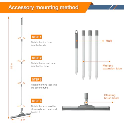Floor Squeegee for Concrete Floor, Long Handle Shower Squeegee, Squeegee Broom, Magic Air Broom, 14'' Rubber Blade,52'' Extension Pole, for Shower Glass Doors, Bathroom Tile, Pet Hair, Window