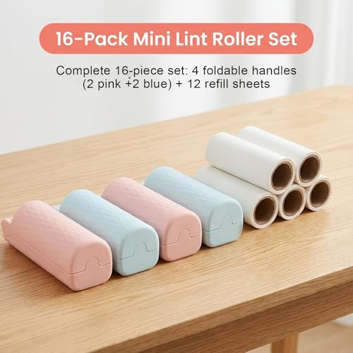 12 Pack Foldable Travel Lint Roller, Washable Foldable Lint Remover, Portable Cleaning Roller with 4 Handles & 8 Refills, Reusable Pet Hair Remover for Clothes with Protective Cover