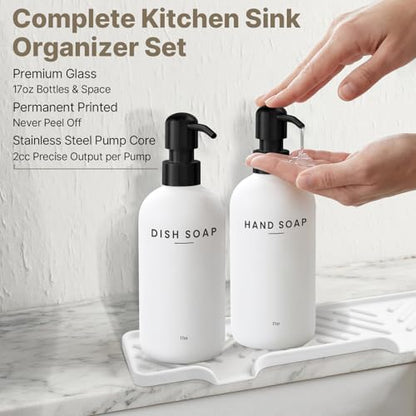 Kitchen Soap Dispenser Set, Kitchen Sink Organizer with Self Draining Silicone Tray, 2 x 17oz Glass Soap Dispensers, Stainless Steel Pumps, Bamboo Brush & Sisal Sponge - White - color: White Bottle + Black Pump
