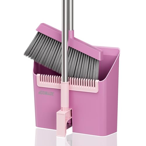 JOYMOOP Pink Broom and Dustpan Set, Upright Angle with Built-in Comb Teeth for Kitchen, Lobby, Pet Hair and Hard Floors - color: Lavender Pink & Sakura Pink