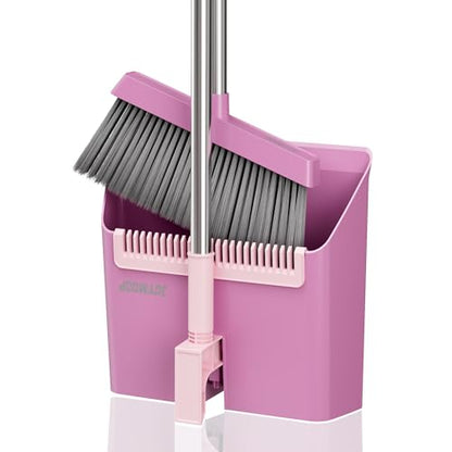 JOYMOOP Pink Broom and Dustpan Set, Upright Angle with Built-in Comb Teeth for Kitchen, Lobby, Pet Hair and Hard Floors - color: Lavender Pink & Sakura Pink