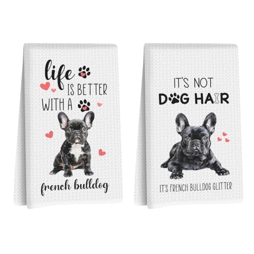 French Bulldog Dish Towels Set - Funny Bulldog Gift Reusable Dish Towel, Waffle Weave Kitchen Towel, Decorative Hand Tea Towels for Kitchen Bathroom, Dog Mom Lovers Owner Gift (14x24 Inches Set of 2) - color: French Bulldog