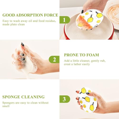 Pickleball Paddles Balls Yellow Dish Scrub Sponges Kitchen Non Scratch Reusable Compressed Cellulose Sponge Hanging for Household Cleaning Washing Dishes Pots and Pans 3 Pack - color: Pattern2