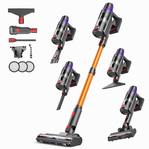 TechRise Cordless Vacuum Cleaner for Home, 550W 45KPa Powerful Suction with HEPA Filter, 60 Min Runtime,Self-Standing, Anti-Tangle Brush, LED Light for Pet Hair, Carpets, Hard Floor - color: Gold