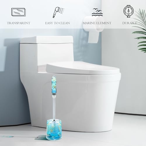FONMY Toilet Brush and Holder Acrylic with Nature Seashell,Compact Size Toilet Bowl Brush with Plastic Handle Easy to Hide, Drip-Proof,Space Saving for Storage,Easy to Assemble,Deep Cleaning, (Blue)