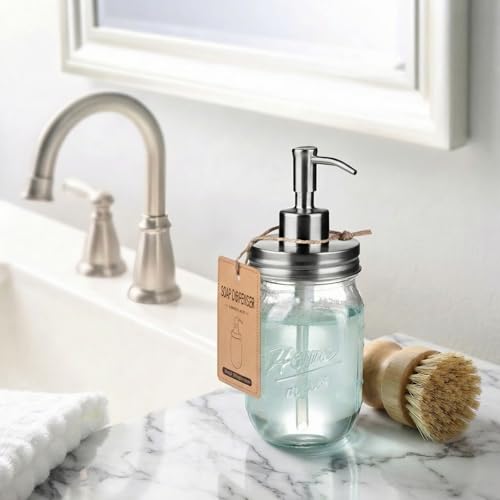 SheeChung 16 Oz Mason Jar Liquid Soap Dispenser, Glass Hand Soap Dispenser, Stainless Steel Pump Lid, Refillable Lotion Dispensers for Bathroom Countertop Kitchen (1, Brushed Nickel) - color: Brushed Nickel-1 Pack
