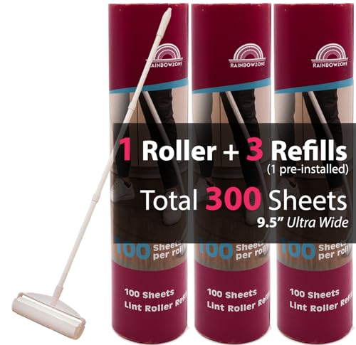 RainbowZone 9.5" Extra Wide Lint Roller for Pet Hair Removal - Extendable Long Handle with 300 Super Sticky Sheets for Furniture, Couch, Car & Carpet Cleaning - Large Pet Hair Remover with 3 Refills - size: 1 Roller + 3 Refills