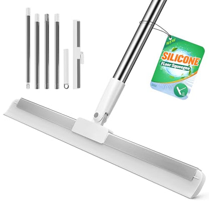Silicone Squeegee for Floor, 180° Rotating Squeegee Broom, Floor Squeegee with a Long Handle, Squeegee for Water and Pet Hair Removal on Bathroom Floors, Tile, Glass, Indoor Window Cleaning Tool - size: 16in | 4-Section Pole (62in) | No Pad