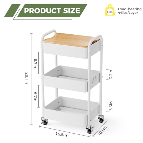 3 Tier Rolling Cart with Table top, Metal Rolling Utility Cart on Wheels, Sturdy Storage Organizer Cart with Hooks for Office, Classroom, Kitchen and Bathroom (White) - color: White