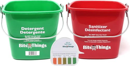 Bits N Things Cleaning Pails - Red Sanitizing (1), Green Detergent (1) 3 Quart,Cleaning Buckets, and QT-10 Quaternary Sanitizer Test Tape 15 feet Roll (1)