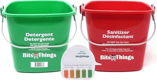 Bits N Things Cleaning Pails - Red Sanitizing (1), Green Detergent (1) 3 Quart,Cleaning Buckets, and QT-10 Quaternary Sanitizer Test Tape 15 feet Roll (1)