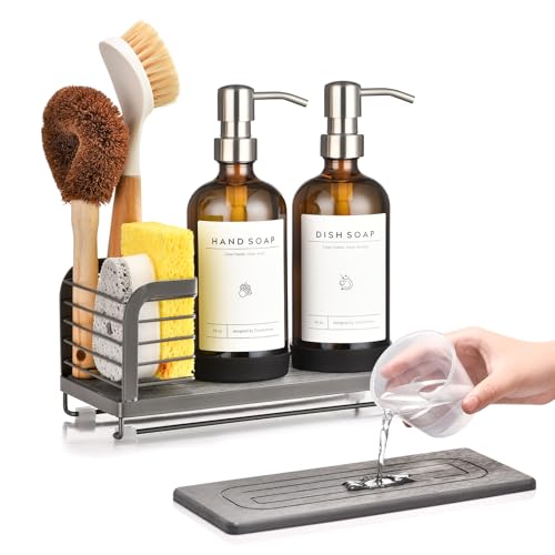 Kitchen Soap Dispenser Set with Drying Tray – 16oz Glass Bottles with Stainless Steel Pumps, Sink Organizer Caddy with Brush Holder & Non-Slip Feet – All-in-One Dish & Hand Soap Station - color: Grey Sink Caddy + Amber Bottle + Silver Pump