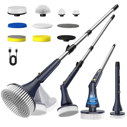 MayKing Electric Spin Scrubber with 9 Brush Heads, 3-Angle & 4-Length Adjustable Cordless Power Scrubber, 3-Speed & Battery LED Display, Electric Scrubber for Cleaning Bathroom Bathtub Floor Tiles - color: Blue