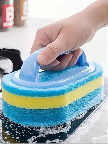 Ergonomic Long Handle Sponge Brush Set Durable Scouring 3 Pack Pad Shower Scrubber for Bathroom Bathtub Tile Grout Kitchen Sink Pot Cleaning Tool Non Scratch Heavy Duty Wand (Blue) - color: Blue