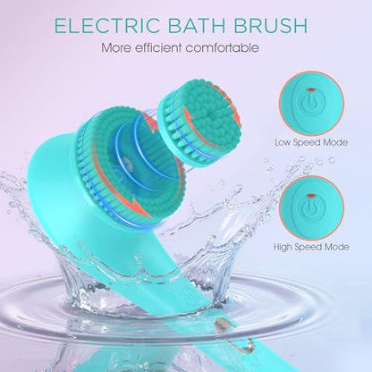 VOYOR Electric Body Brush Back Scrubber Silicone Body Scrubber Two-Way Rotating Brush Head for Deep Cleaning, Exfoliation, 4 Attachments Long Handle IPX6 Rechargeable Shower Brush BC300 (Blue) - color: Blue