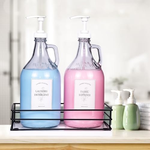 2 Pcs Glass Liquid Laundry Detergent Dispenser, Half Gallon Dispenser for Laundry Room (64 oz. Each), Laundry Detergent Bottles with Pump Dispenser -Includes Labels, Measuring Cups,Wooden Stand - color: White