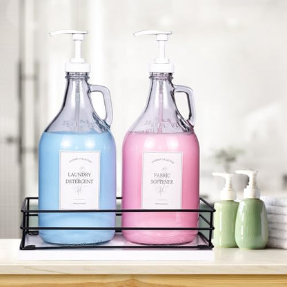 2 Pcs Glass Liquid Laundry Detergent Dispenser, Half Gallon Dispenser for Laundry Room (64 oz. Each), Laundry Detergent Bottles with Pump Dispenser -Includes Labels, Measuring Cups,Wooden Stand - color: White