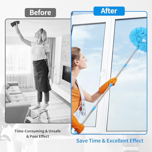 Ceiling Fan Cleaner Duster Reusable Microfiber Removable Duster with Extension Pole Adjusts 12 to 71 Inch for Cleaning Walls Bookshelves Furniture Door Window Top (Blue) - size: 12-71inch-7pcs