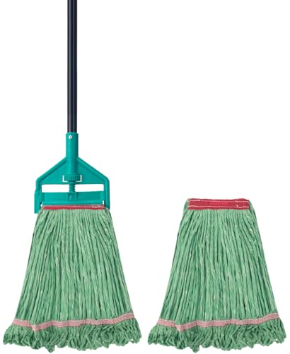 KeFanta 60 Inch Loop-End String Mop Heavy Duty Commercial Mops for Floor Cleaning,Industrial Cotton Wet Mop with Extra Mops Head Replacement(Green)