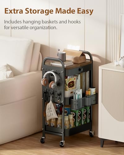 ALVOROG Rolling Cart with Drawer and Wood Table Top, 3 Tier Metal Rolling Utility Cart on Wheels with DIY Pegboards, Hanging Baskets, Hooks for Bedroom,Office,Craft Supplies - color: Black