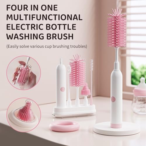 Rechargeable Electric Bottle Brush with Stand - 360° Spin Silicone Cleaner for Baby Bottles, Breast Pumps & Small Household Containers (Pink) - color: Pink