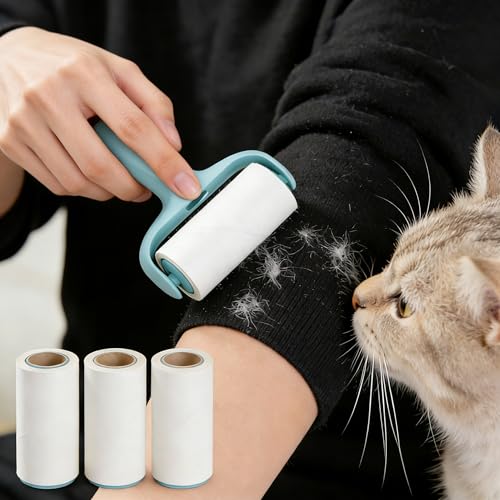 Extra Sticky Lint Roller Set- Blue Lint Remover with 3 Refill Rolls and Ergonomic Handle for Pet Hair Removal on Clothes, Furniture, Carpet, Car Seat