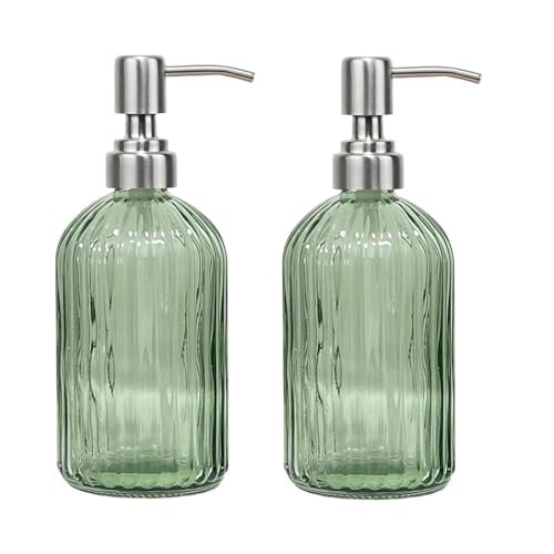 14Oz Green Soap Dispenser Bathroom - 2 Pack, Clear Glass Hand Soap Dispensers with Stainless Steel Pump, Refillable Dish Soap Dispenser for Kitchen, Countertop Soap Dispensers - color: Green (2-pack)