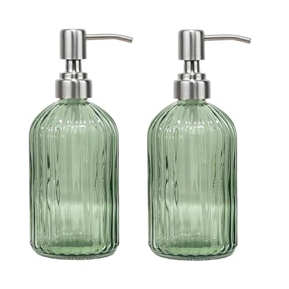 14Oz Green Soap Dispenser Bathroom - 2 Pack, Clear Glass Hand Soap Dispensers with Stainless Steel Pump, Refillable Dish Soap Dispenser for Kitchen, Countertop Soap Dispensers - color: Green (2-pack)