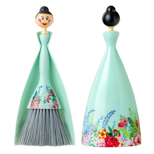 Vigar Mini Broom and Dustpan Set - Small Broom and Dustpan, Hand Broom for Desk, Kitchen, Car, Crumb Brush for Dust & Pet Hair, Decorative Doll Design, Portable Dust Pan Brush for Indoor - Turquoise - color: Turquoise