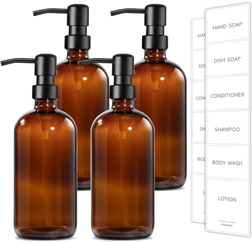 GMISUN Amber Glass Soap Dispenser, 4 Pack Bathroom Hand Soap Dispensers with Stainless Steel Pump, 17 Fl Oz Kitchen Hand and Dish Soap Dispenser Set, Modern Vintage Liquid Brown Soap Dispensers Bottle - color: Amber Bottle + Black Pump, size: 4 Pack