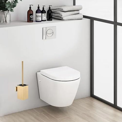 Toilet Brush and Holder Wall Mounted, NSCMQSL Toilet Bowel Brush for Cleaning with Stainless Steel Handle,Space Saving for Storage Toilet Brush Wall Mount Square(Brushed Gold)