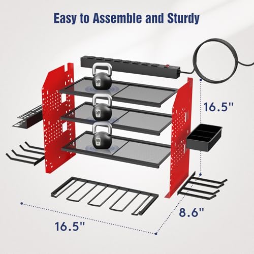 Heavy Duty Power Tool Organizer Wall Mount with Charging Station, 4 Layer Garage Storage Adjustable Shelves Height, Holds 4 Drills, 2 Hooks, Screw & Screwdriver box, Gifts for Fathers Day, Anniversary - color: Red