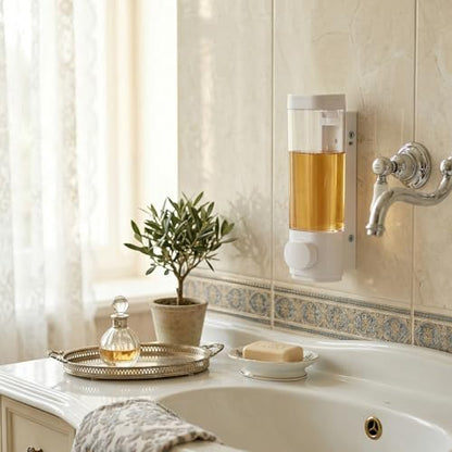 Junkin 4 Pcs Manual Bathroom Wall Mounted Soap Dispenser, 300ml White Kitchen Bathroom Commercial Shower Clear Refillable Soap Dispenser Clear Plastic Refillable Liquid Lotion Pump and Organizer - color: White