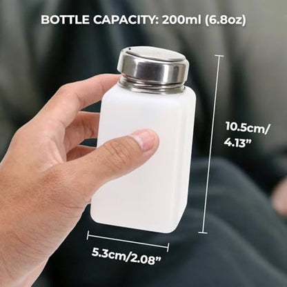 2PCS 200ml (6.8oz) No-Touch Push Down Solvent Dispensers – White Stainless Steel Lid Bottle for Isopropyl Alcohol, Rubbing Alcohol, Acetone, Methanol – Anti-Reflux Pump Container for Solder Flux