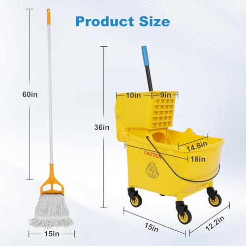 35 Qt Commercial Mop Bucket with Side Press Wringer on Wheels,Mop and Bucket Set, Add One Industrial Mop and One Mop Head Replacement