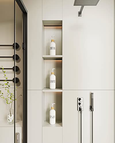 Shampoo and Conditioner Dispenser Set - Easy to Read Labels - Pump Bottle Dispenser for Shampoo, Conditioner, Body Wash - Glass Refillable Containers for Shower - color: White-shower Set Fo 3