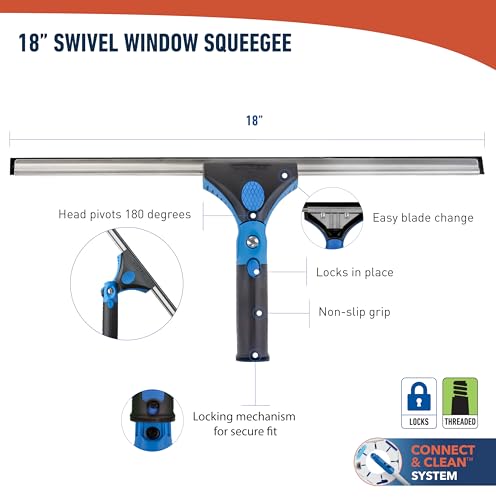 Unger Professional Connect and Clean 18” Grip Swivel Window, Glass Squeegee, and 8’ Pole, 180-Degree Pivoting Handle with Lock, Cleaning Supplies for Streak-Free Results