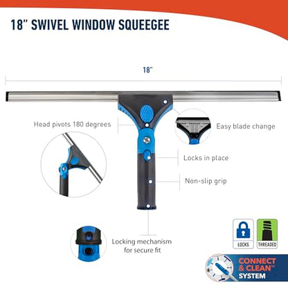 Unger Professional Connect and Clean 18” Grip Swivel Window, Glass Squeegee, and 8’ Pole, 180-Degree Pivoting Handle with Lock, Cleaning Supplies for Streak-Free Results