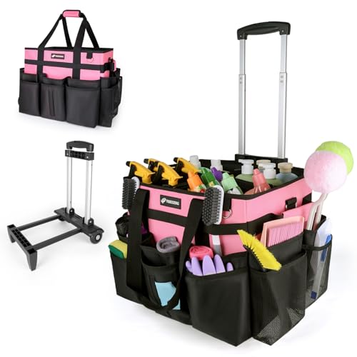 Large Rolling Cleaning Caddy Bag with Wheels, with Detachable Trolley, Cleaning Bags on Wheels for Housekeepers, Cleaning Cart Supplies Organizer for Home, Car, Picnic (Pink) - color: Pink
