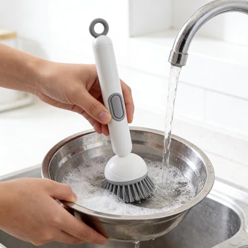 3 Piece Dish Cleaning Brush Set with Soap Dispenser and Long Reach Cup Brushes