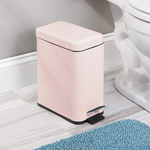 mDesign Small Modern 1.3 Gallon Rectangle Metal Lidded Step Trash Can, Compact Garbage Bin with Removable Liner Bucket and Handle for Bathroom, Kitchen, Craft Room, Office, Garage - Light Pink - color: Light Pink, size: 1.3 Gallon