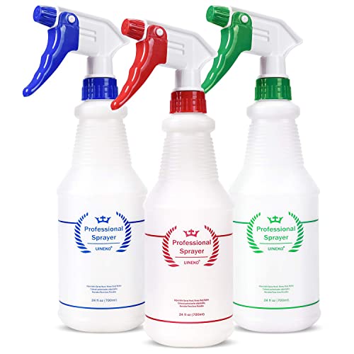 Uineko Plastic Spray Bottle (3 Pack, 24 Oz, 3 Colors) Heavy Duty All-Purpose Empty Spraying Leak Proof Mist Water Bottles for Cleaning Solutions Plants Essential Oils Hair Pet with Adjustable Nozzle - size: 24 Oz, 3 Pack