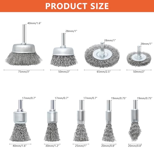 9 Pcs Stainless Steel Wire Wheel Brush Set for Drill with 1/4 Inch Shank for Rust Removal, Corrosion and Scrub Surfaces - size: 9PCS