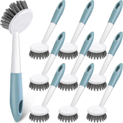 Patelai 12 Pack Kitchen Scrub Dish Brush with Long Handle Dish Scrubber with Stiff Bristles Scrub Brushes for Kitchen Dishes Washing Tools, Pots, Pans and Sink Cleaning (Celadon) - color: Celadon
