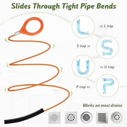 8 Pack Shower Drain Snake Set, 2 x 32" Snake Drain Hair Removal Tool, 6 × 18/24/28" Drain Cleaner Tool, Long Flexible Anti-Break Steel Plumbing Snake for Sink/Pipe/Bathroom/Toilet/Tub Drain