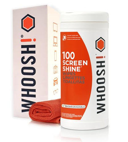 WHOOSH! Screen Shine 100 Count Touch Screen Cleaner Wipes for Car, OLED, TV, Eyeglasses, Laptop – Lint-Free, Non-Abrasive Wipes – Streak-Free Finish – Non-Toxic & Odorless – Microfiber Cloth Included - size: 1 Count (Pack of 100)