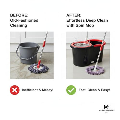 Spin Mop & Bucket Set with 2 Microfiber Mop Heads – 360° Rotating Stainless Steel Handle, Telescopic Pole (90–120cm), Hands-Free Cleaning System – Multi-Surface Floor Mop for Home & Office