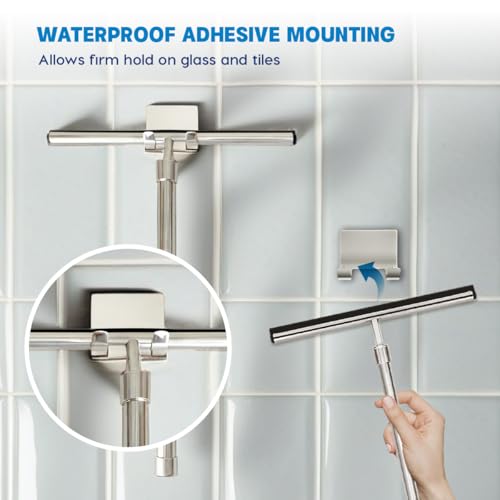 Shower Squeegee with Long Handle and Adhesive Hook. for Glass Doors, Tile Walls, Mirrors and Windows. Telescoping Squeegee for Cleaning. Bathroom Stainless Steel Squeegee, 10inch Wide, Chrome – 1pk