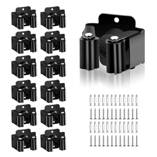 AKOAK Broom and Mop Rack Holder, Wall Storage Organizer, Screw Mount, Garden Tool Organizer Stainless Steel Mop Rack, Home, Kitchen, Bathroom, Garden, Garage Storage (12 PCS, Black) - color: Black