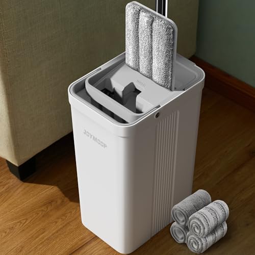 JOYMOOP Flat Mop System, Microfiber Mop and Bucket Set, White, Commercial & Household Use, Hardwood Floor & Wall Cleaning Mop with Long Handle, 4 Microfiber Pads - color: White Standard2441